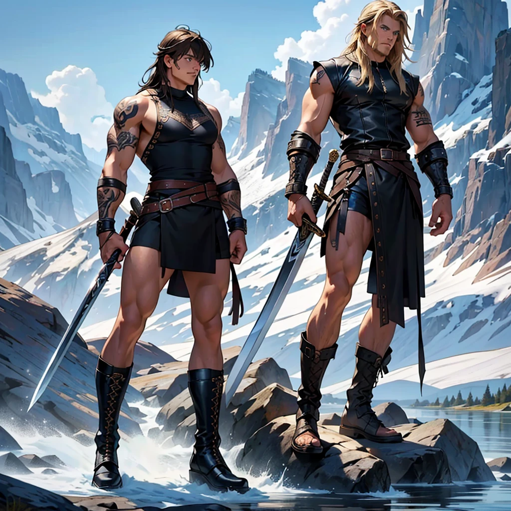 Black Viking left arm tattoo design, a full body muscular viking man, and beautiful blond woman showing naked big busty without clouds, muscular legs, holding big sword with right hand, brown hair divided with bangs, perfect realistic blue eyes, wearing warrior leather shoes, wearing warrior boots, lake and mountains in the background.