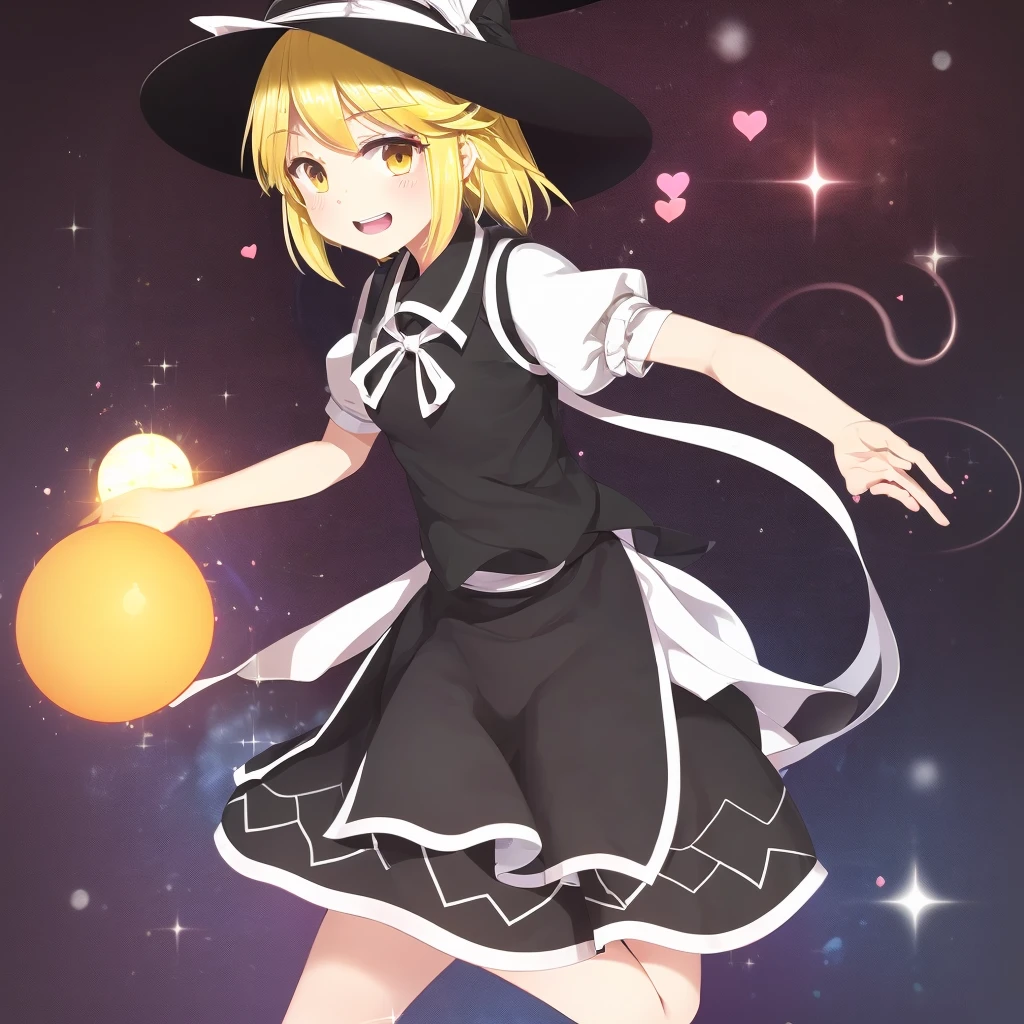 1girl, , , masterpiece, best quality, 10 years old, medium blonde hair, forehead visible bags, yellow eyes, hat, heart, black headwear, puffy short sleeves, log black skirt, heart hads,,1girl, solo, yellow eyes, yellow hair, bow, hat bow, socks, black footwear, black skirt, short sleeves, yuki (touhou), black vest, white sleeves, frill skirt, light smile