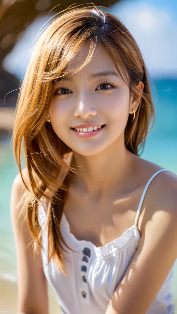 Tabletop、(Highest quality、4K、8K、High resolution、Masterpiece: 1.2)、Super detailed、(Real、Photorealistic、Photorealistic: 1.37)、Full Body Shot、Complex and beautiful eyes、woman、long hair、Natural color lip、whiteＴshirt、Bold and sexy pose、smile、Ocean、20 year old girl、A cute and sexy shot looking straight at the camera。