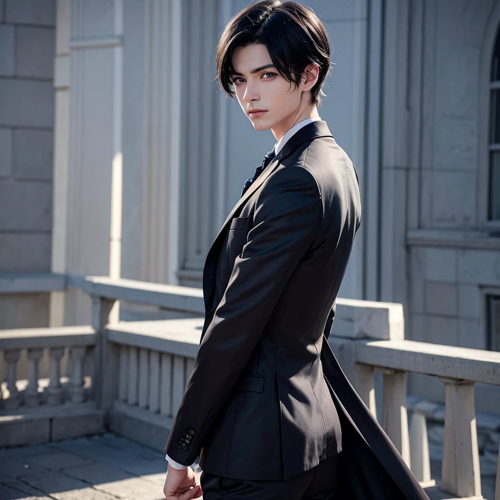 1boy, short black hair, blue eyes, wearing all black suits, on top of a building, high res, ultrasharp, 8k, masterpiece, looking at viewer from behind