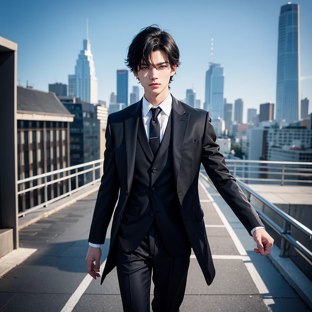 1boy, short black hair, blue eyes, wearing all black suits, on top of a building, high res, ultrasharp, 8k, masterpiece, looking at viewer from behind