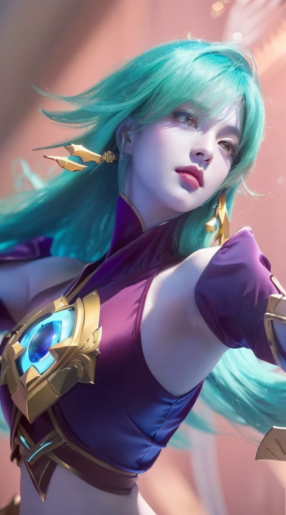 a close up portrait of a beautiful girl with long green hair, pale skin, purple outfit, (best quality,4k,8k,highres,masterpiece:1.2),ultra-detailed,realistic,photorealistic,photo-realistic:1.37,HDR,UHD,studio lighting,ultra-fine painting,sharp focus,physically-based rendering,extreme detail description,professional,vivid colors,bokeh,knights of zodiac,beautiful detailed eyes,beautiful detailed lips,extremely detailed eyes and face,longeyelashes,elegant,serene,intricate,fine art