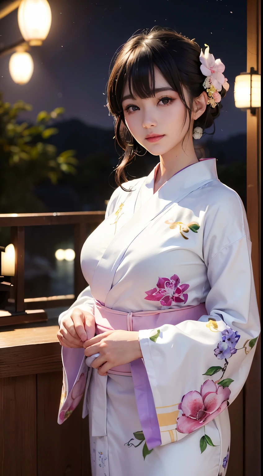 (logo、masterpiece、8K、Tabletop、RAW Photos、wonderful、最high quality、フォトリアリスティックでVery detailedな CG 複合 8K 壁紙、high quality、Very detailed、Narrative poem、Particle Effects、Dynamic Effects、Depth of the Boundary、Cinematic Light、Lens flare、Ray Tracing)、 (One beautiful woman wearing a yukata、White yukata、Light purple pattern)、Black-haired、High definition skin、Very fine、Fine skin texture、Beautiful Face、True Face、Beautiful details in the eyes、Realistic eyes、Beautifully detailed eyes、Realistic Skin、Beautiful Skin、Surreal、Smiling Eyes、Hair and light eyes、vivid、Colorful lights and bokeh、plump lower lip、Pink Lips、Hair flutters in Wind、Hair bounces、wonderful景色、night、evening、Wind、moonlight、moonlight、light