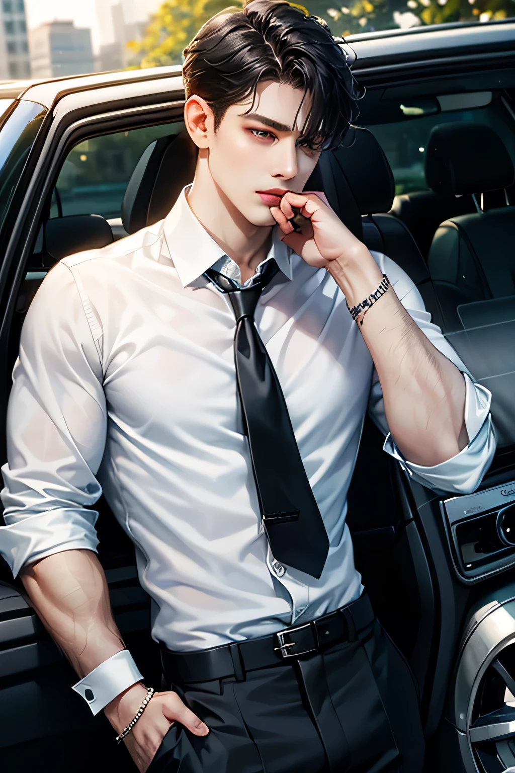 necktie, shirt, white_shirt, realistic, black_hair, male_focus, solo_focus, 1boy, jewelry, earrings, collared_shirt, black_pants, pants, short_hair, blurry, artist_name, ground_vehicle, motor_vehicle, car, parted_lips, black_eyes, looking_to_the_side, blurry_background, black_necktie