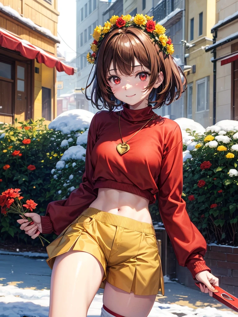 Anime, 1girl, brown hair, short hair, red eyes, green sweater, white shirt, brown shorts, red shoes, black tights, red knife, yellow flower crown, golden heart locket, slight smile, snow, snowflakes,