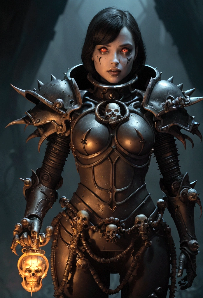 a gorgeous adepta sororitas from the movie tron, glowing skull armor, spikes, teeth, monster, dirty tentacles, pus pimples, cracked truenurgle, detailed face and eyes, beautiful lips, extremely detailed, 1girl, oil painting, concept art, dark fantasy, cinematic lighting, dramatic shadows, vibrant colors, moody atmosphere, hyper detailed, 8k, photorealistic