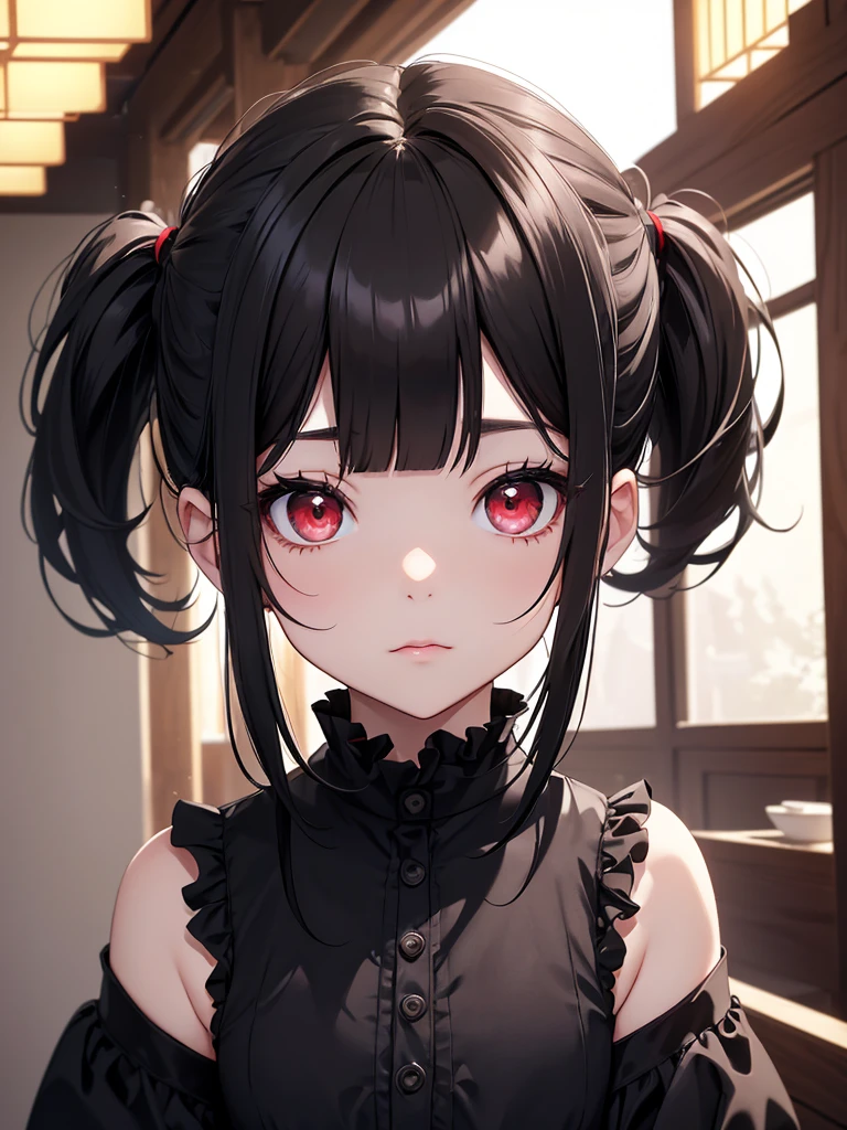 (8K, Best Quality, Masterpiece, Ultra High Resolution) Girl Toddler, Short, Beautiful Eyes, Face Details, Black Hair, Pigtails, Hair Bangs, Red Eyes, Pale Skin, Short Formal Dress, Cute Black Dress, Dimly Lit Japanese House, Masterpiece, Best Quality, Upper Body, Looking at the Viewer, Close Up