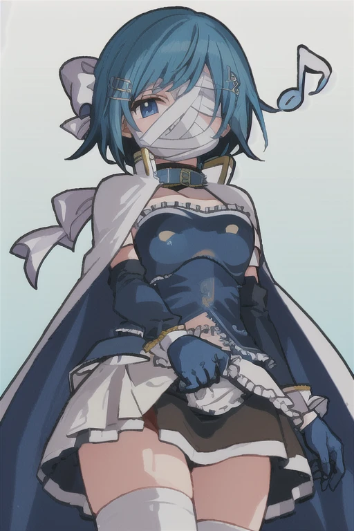 masterpiece, best quality, 1girl,
char_walpurgis_no_kaiten_sayaka_lora,looking at viewer,
(miki sayaka:1.2),
short hair, blue eyes, hair ornament, bow, blue hair, hair bow, hairclip, white bow, musical note hair ornament,
one eye covered, breastplate, blue gloves, covered mouth, white cape, fortissimo, bandaged head
white skirt, white thighhighs, from below, expressionless,
