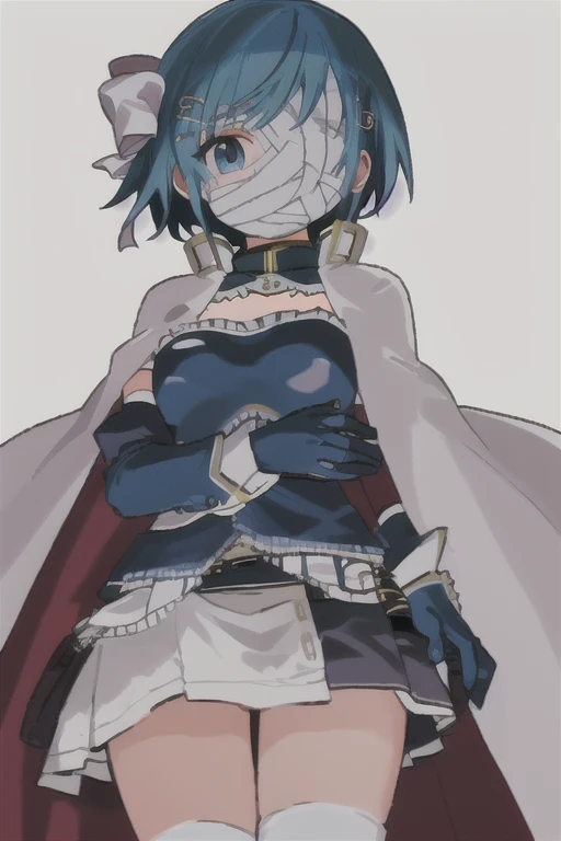 masterpiece, best quality, 1girl,
char_walpurgis_no_kaiten_sayaka_lora,looking at viewer,
(miki sayaka:1.2),
short hair, blue eyes, hair ornament, bow, blue hair, hair bow, hairclip, white bow, musical note hair ornament,
one eye covered, breastplate, blue gloves, covered mouth, white cape, fortissimo, bandaged head
white skirt, white thighhighs, from below, expressionless,