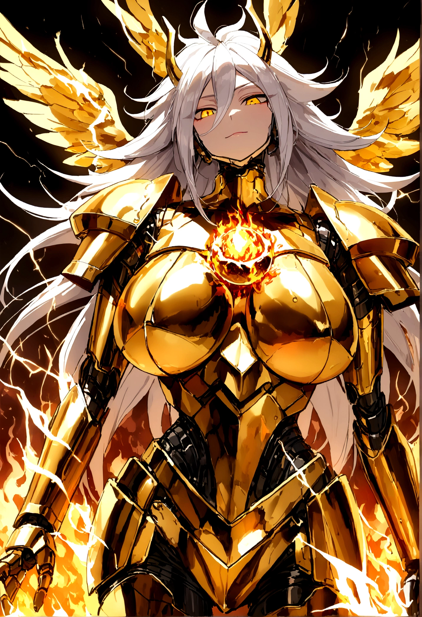 ((((Rasengan)))), ((Lightning Power)), ((Electricity)), ((Fire Background)), ((Lightning Storm)), ((Power Erupting)), ((((android21)))), (((Evil Power))), (((white Coat))), (((Busty))), (((((Big breast:1,3)))), luxury bustier corset, (((silver hair))), (((Very slim waist))), propotional body, ((Gorgeous)), (((Fire Blazing Horns))), ((((gold wings))), masterpiece, hyperdetail, ambient effect, digital effect, (((Fire Gold Armor))), (((Lightning Gold Wings)))