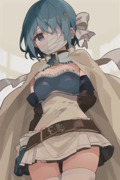 masterpiece, best quality, 1girl,
char_walpurgis_no_kaiten_sayaka_lora,looking at viewer, 
(miki sayaka:1.2),
short hair, blue eyes, hair ornament, bow, blue hair, hair bow, hairclip, white bow, musical note hair ornament,
one eye covered, breastplate, blue gloves, covered mouth, white cape, fortissimo, bandaged head
white skirt, white thighhighs, from below, expressionless,