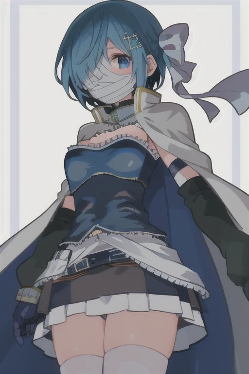 masterpiece, best quality, 1girl,
char_walpurgis_no_kaiten_sayaka_lora,looking at viewer,
(miki sayaka:1.2),
short hair, blue eyes, hair ornament, bow, blue hair, hair bow, hairclip, white bow, musical note hair ornament,
one eye covered, breastplate, blue gloves, covered mouth, white cape, fortissimo, bandaged head
white skirt, white thighhighs, from below, expressionless,