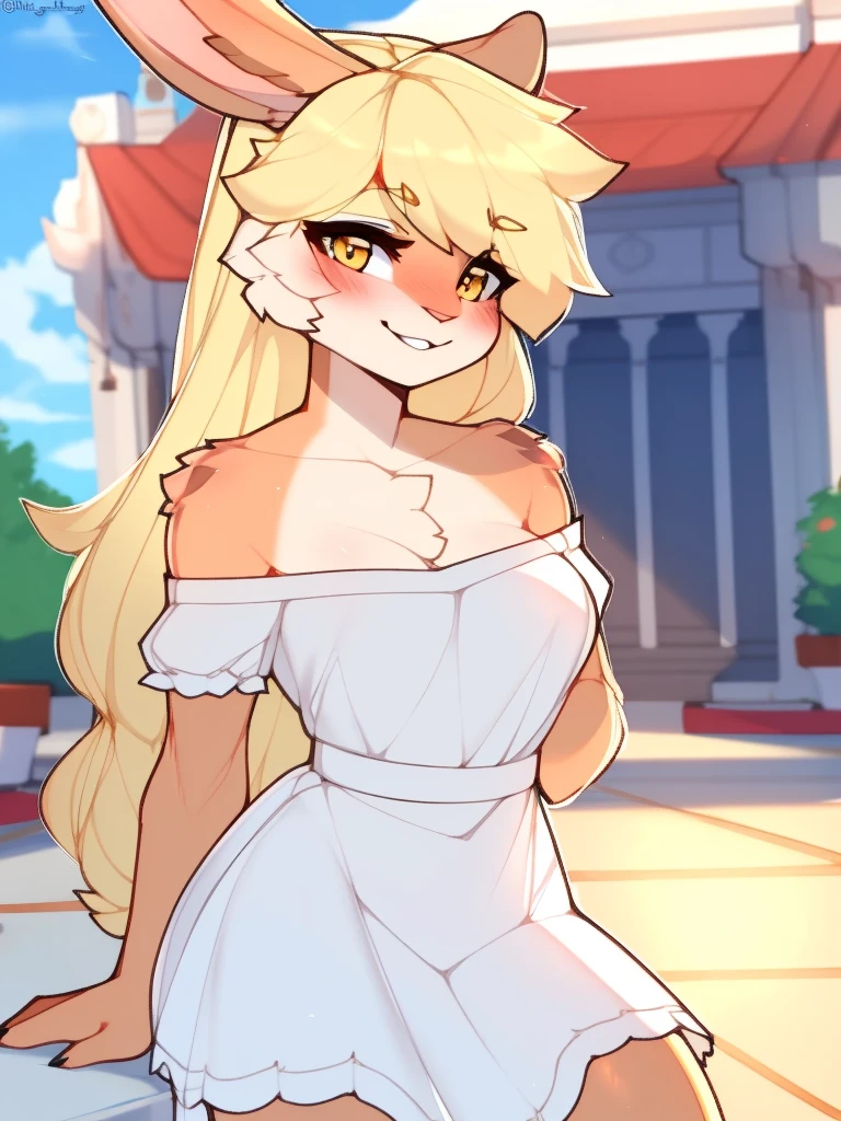 sfw, by claweddrip, by ressue, by pudgeruffian, by fleet-foot, by thericegoat, best quality, masterpiece, solo, female, rabbit, rabbit tail, (lop ears:1.1), blonde hair, long straight hair, beige fur, yellow eyes, bright eyes, medium breast, sundress, white sundress, off-shoulder, frills, gentle smile, plaza scenery