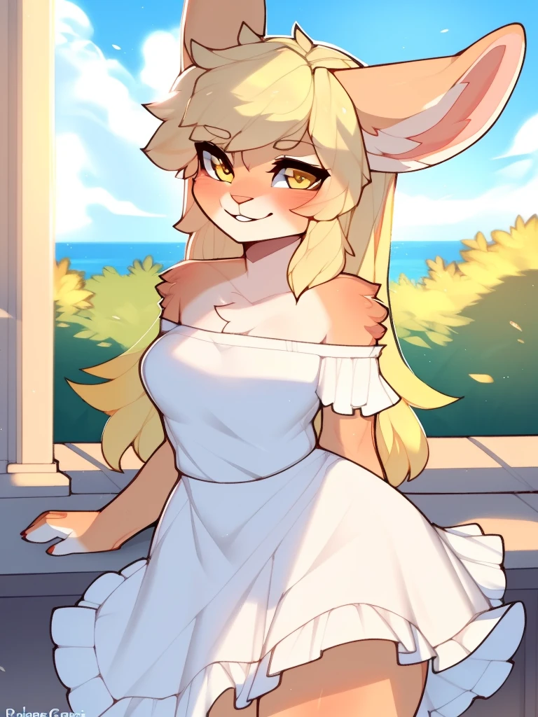 sfw, by claweddrip, by ressue, by pudgeruffian, by fleet-foot, by thericegoat, best quality, masterpiece, solo, female, rabbit, rabbit tail, (lop ears:1.1), blonde hair, long straight hair, beige fur, yellow eyes, bright eyes, medium breast, sundress, white sundress, off-shoulder, frills, gentle smile, plaza scenery