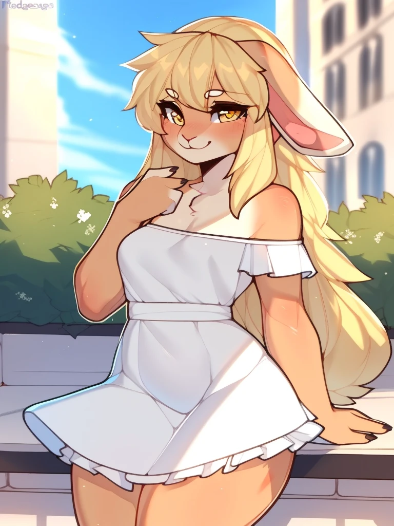 sfw, by claweddrip, by ressue, by pudgeruffian, by fleet-foot, by thericegoat, best quality, masterpiece, solo, female, rabbit, rabbit tail, (lop ears:1.1), blonde hair, long straight hair, beige fur, yellow eyes, bright eyes, medium breast, sundress, white sundress, off-shoulder, frills, gentle smile, plaza scenery