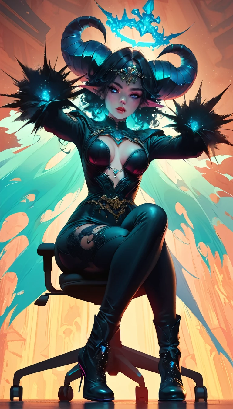 best quality,4k,8k,highres,masterpiece:1.2),ultra-detailed, extremely detailed eyes, extremely detailed body, (large masterpiece digital art), (detailed manga illustration), (detailed line art), ((perfect ???????)), (intricate details:1.3), (ultra-detailed:1.3), (illustration:1.3), (sharp focus:1.3), (natural lighting:1.05), (vivid colors:1.3), (masterpiece), (best quality:1.4), (perfect ???????:1.4), high quality, expressive eyes, full body, detailed face, beautiful face, perfect face, 1 girl, ??????????????, black hair, curly hair, wild hair, detailed hair, white dress shirt, black pants, pale skin, sapphire-blue eyes, demon, blue halo, sheep horns, curled horns, (horizontal pupils), ???? face, pointy ears, splash art, the demon girl, curvy, sitting in an office chair at a desk with feet on desk, black high heels, cinematic lighting, dramatic atmosphere, Atey Ghailan, Jeremy Mann, Greg Manchess, Antonio Moro, trend in ArtStation, trend in CGSociety, Intricate, High Detail, Sharp focus, dramatic and photorealistic painting art by Midjourney and Greg Rutkowski, Jeff Bridges, ((cartoon style)), Marvel Cinematic Universe style