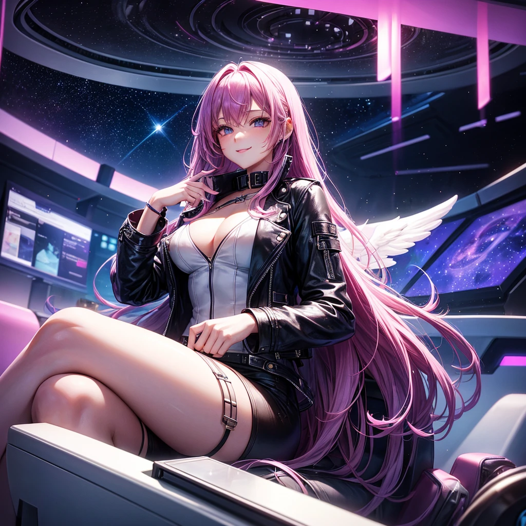 A young sexy woman with long purple hair and sexy clothes sits in a spaceship seat、A beautiful starry sky can be seen from the window.。smile,leather jacket,Future Fashion,Angel Girl,Pink Hair,Horny girl,High-dimensional beautiful girl,Multidimensional beautiful girl