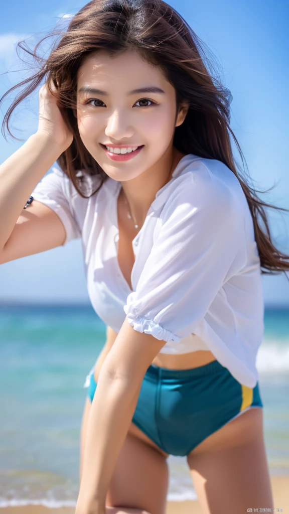 Tabletop、(Highest quality、4K、8K、High resolution、Masterpiece: 1.2)、Super detailed、(Real、Photorealistic、Photorealistic: 1.37)、Full Body Shot、Complex and beautiful eyes、woman、long hair、Natural color lip、whiteＴshirt、Bold and  pose、smile、Ocean、20 year old girl、A cute and  shot looking straight at the camera。