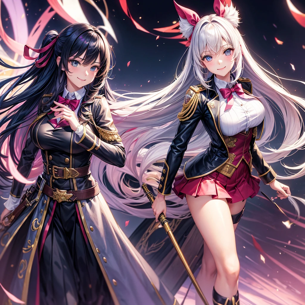 best quality,8K,masterpiece,beautiful girlゲーム,smile,two girls,One side turns its butt forward,smile,beautiful girl,leather jacket,Latest Fashion,beautiful girl,costume,light-novel,Isekai Fantasy,Magical girl,big breasts,Future fashion,uniform,blazer,mini skirt,horny girl,Ribbon on uniform,Outstanding style,multicolored clothes,Beautiful girl with psychic powers,long hair,Multicolored hair colors,highest quality,perfect face,hyper real stick,perfect girl,