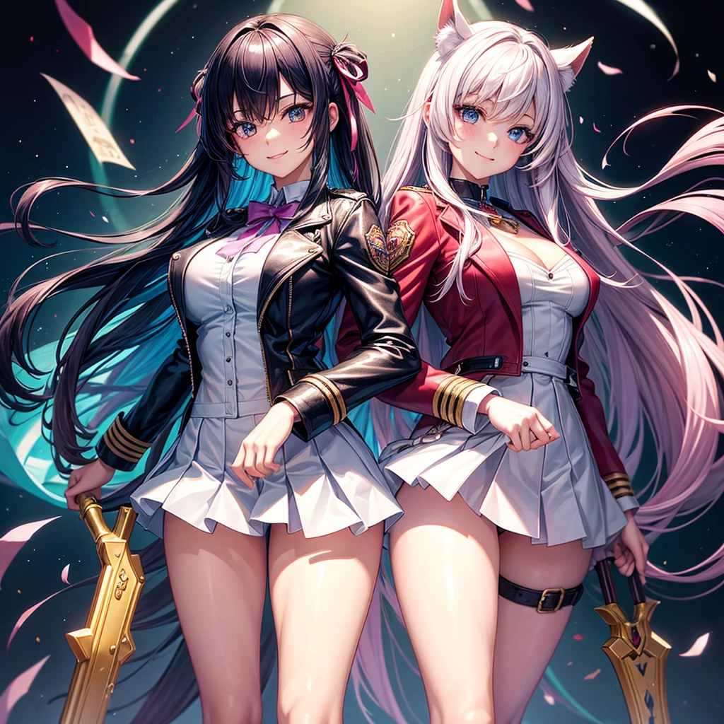 best quality，8K，masterpiece，beautiful girlゲーム，smile，two girls，One side turns its butt forward，smile，beautiful girl，leather jacket，Latest Fashion，beautiful girl，costume，light-novel，Isekai Fantasy，Magical girl，big breasts，Future fashion，uniform，blazer，mini skirt，horny girl，Ribbon on uniform，Outstanding style，multicolored clothes，Beautiful girl with psychic powers，long hair，Multicolored hair colors，highest quality，perfect face，hyper real stick，perfect girl，
