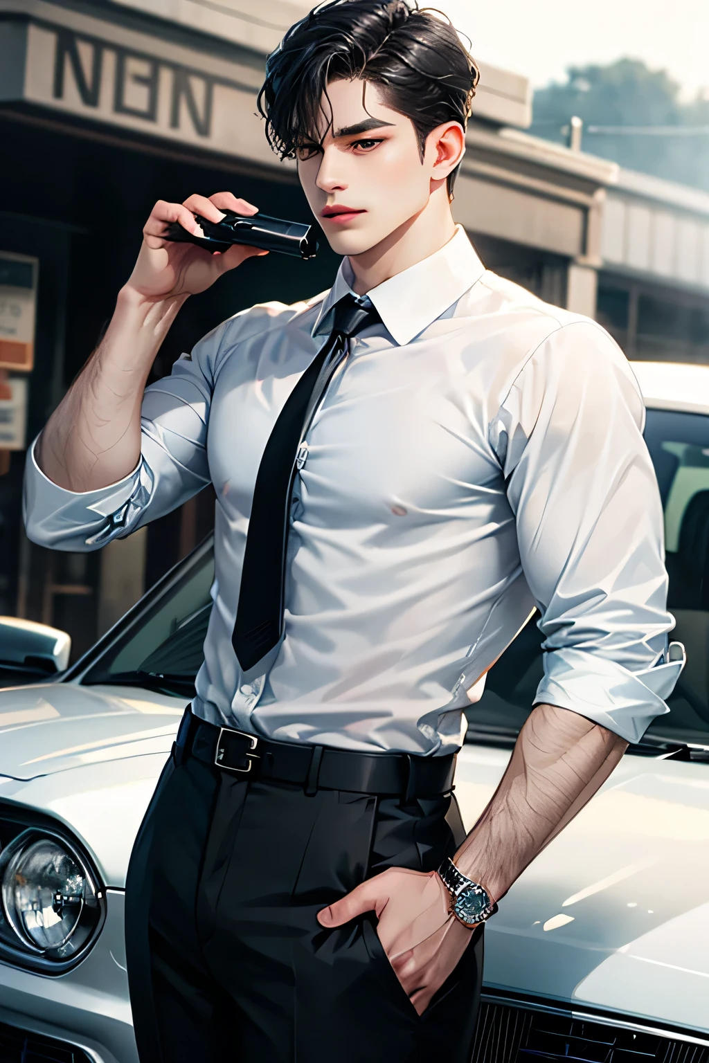 necktie, shirt, white_shirt, realistic, black_hair, male_focus, solo_focus, 1boy, jewelry, earrings, collared_shirt, black_pants, pants, short_hair, blurry, artist_name, ground_vehicle, motor_vehicle, car, parted_lips, black_eyes, looking_to_the_side, blurry_background, black_necktie