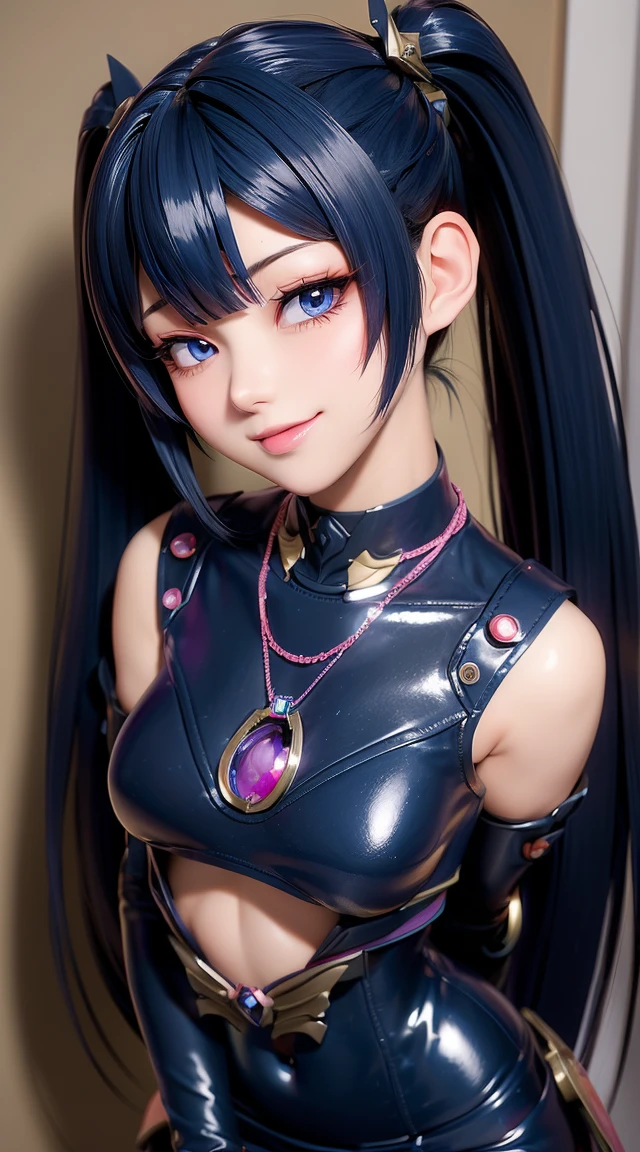  (masterpiece:1.3), (Best Quality:1.3), (Ultra-detailed:1.2), ((kawaii)), Cute, (lovely), ((sexy)), ((Extremely detailed)), 4K, (8K), Best Quality, (Beautiful), Illustration, anime style, (bold line:1.2), Gradation, looking at viewer, //, (bent down:1.1), (arms behind back), //, a cute girl, 1girl, (solo:1.2), gleaming skin, //, (flat chested), (Perfect eyes:1.2), (Perfect iris:1.2), //, darkblue hair color, (beautiful eyes) //, (half closed eyes:1.3), (sexual expression:1.2), Fascinated expression, smile, (blush:1.2), //, modern city background, on rock, twin tails, straight bangs, muscle girl, hard abs, exposed abs, NECKLACE, skirt, heavy armor suit, mecha musume, underboobs