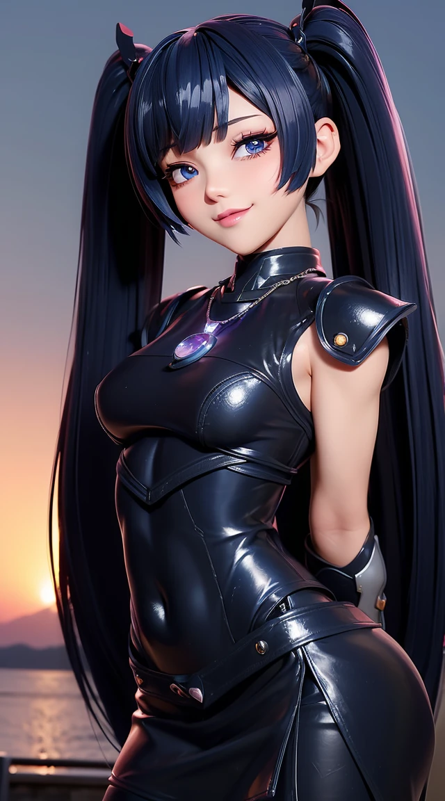  (masterpiece:1.3), (Best Quality:1.3), (Ultra-detailed:1.2), ((kawaii)), Cute, (lovely), ((sexy)), ((Extremely detailed)), 4K, (8K), Best Quality, (Beautiful), Illustration, anime style, (bold line:1.2), Gradation, looking at viewer, //, (bent down:1.1), (arms behind back), //, a cute girl, 1girl, (solo:1.2), gleaming skin, //, (flat chested), (Perfect eyes:1.2), (Perfect iris:1.2), //, darkblue hair color, (beautiful eyes) //, (half closed eyes:1.3), (sexual expression:1.2), Fascinated expression, smile, (blush:1.2), //, modern city background, on rock, twin tails, straight bangs, muscle girl, hard abs, exposed abs, NECKLACE, skirt, heavy armor suit, mecha musume, underboobs