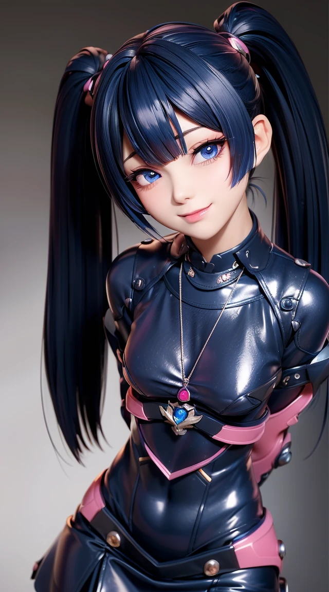  (masterpiece:1.3), (Best Quality:1.3), (Ultra-detailed:1.2), ((kawaii)), Cute, (lovely), (()), ((Extremely detailed)), 4K, (8K), Best Quality, (Beautiful), Illustration, anime style, (bold line:1.2), Gradation, looking at viewer, //, (bent down:1.1), (arms behind back), //, a cute girl, 1girl, (solo:1.2), gleaming skin, //, (), (Perfect eyes:1.2), (Perfect iris:1.2), //, darkblue hair color, (beautiful eyes) //, (half closed eyes:1.3), ( expression:1.2), Fascinated expression, smile, (blush:1.2), //, modern city background, on rock, twin tails, straight bangs, muscle girl, hard abs,  abs, NECKLACE, skirt, heavy armor suit, mecha musume, underboobs