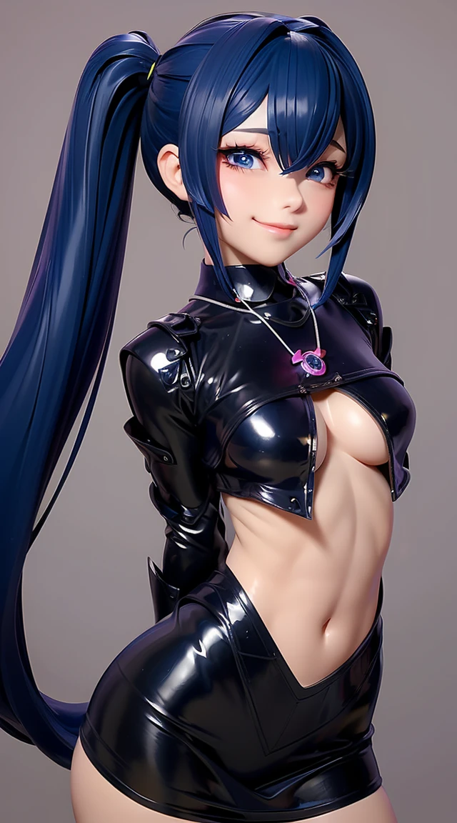  (masterpiece:1.3), (Best Quality:1.3), (Ultra-detailed:1.2), ((kawaii)), Cute, (lovely), (()), ((Extremely detailed)), 4K, (8K), Best Quality, (Beautiful), Illustration, anime style, (bold line:1.2), Gradation, looking at viewer, //, (bent down:1.1), (arms behind back), //, a cute girl, 1girl, (solo:1.2), gleaming skin, //, (), (Perfect eyes:1.2), (Perfect iris:1.2), //, darkblue hair color, (beautiful eyes) //, (half closed eyes:1.3), ( expression:1.2), Fascinated expression, smile, (blush:1.2), //, modern city background, on rock, twin tails, straight bangs, muscle girl, hard abs, exposed abs, NECKLACE, skirt, heavy armor suit, mecha musume, underboobs