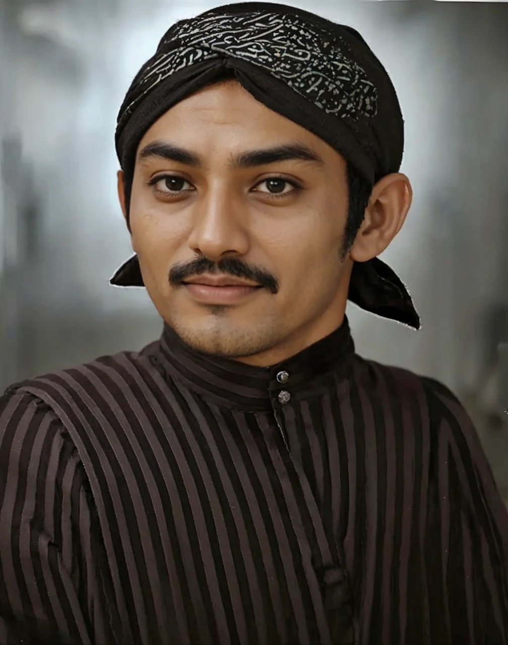 Muslim man, brown skin aged 40 years or over, wearing a shabby cloth robe, cloth turban. Hd realistic photos