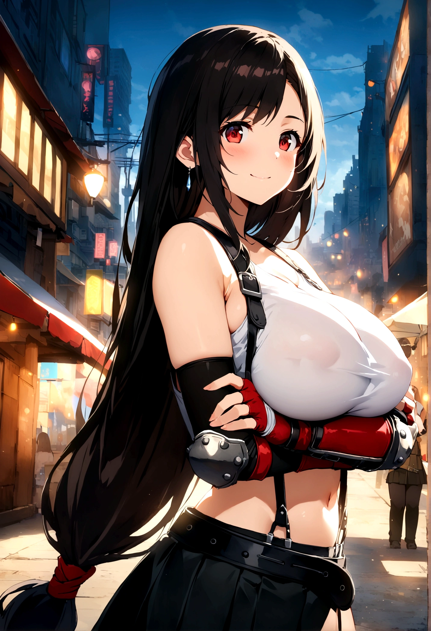 score_9, score_8_up, score_7_up,score_6, score_5,4k,BREAK , (from side:1), focus,standing,straight-on,breast,(upperbody),looking_at_viewer ,1girl, tifa lockhart, final fantasy, tareme,black hair, low-tied long hair, red eyes, bangs, white tank top, belt, pleated skirt, thighhighs, elbow fingerless gloves, elbow pads, midriff, navel,suspender skirt ,large_breasts,(lige),Curvy waist,,Solo,,(daytime and beachside and city),detailed skin,(best quality),(aesthetic,very aesthetic),UHD,HDR,intricate detailed,anime,highly detailed,sharp focus,depth of field,,professional lighting,cinematic lighting, , 　　