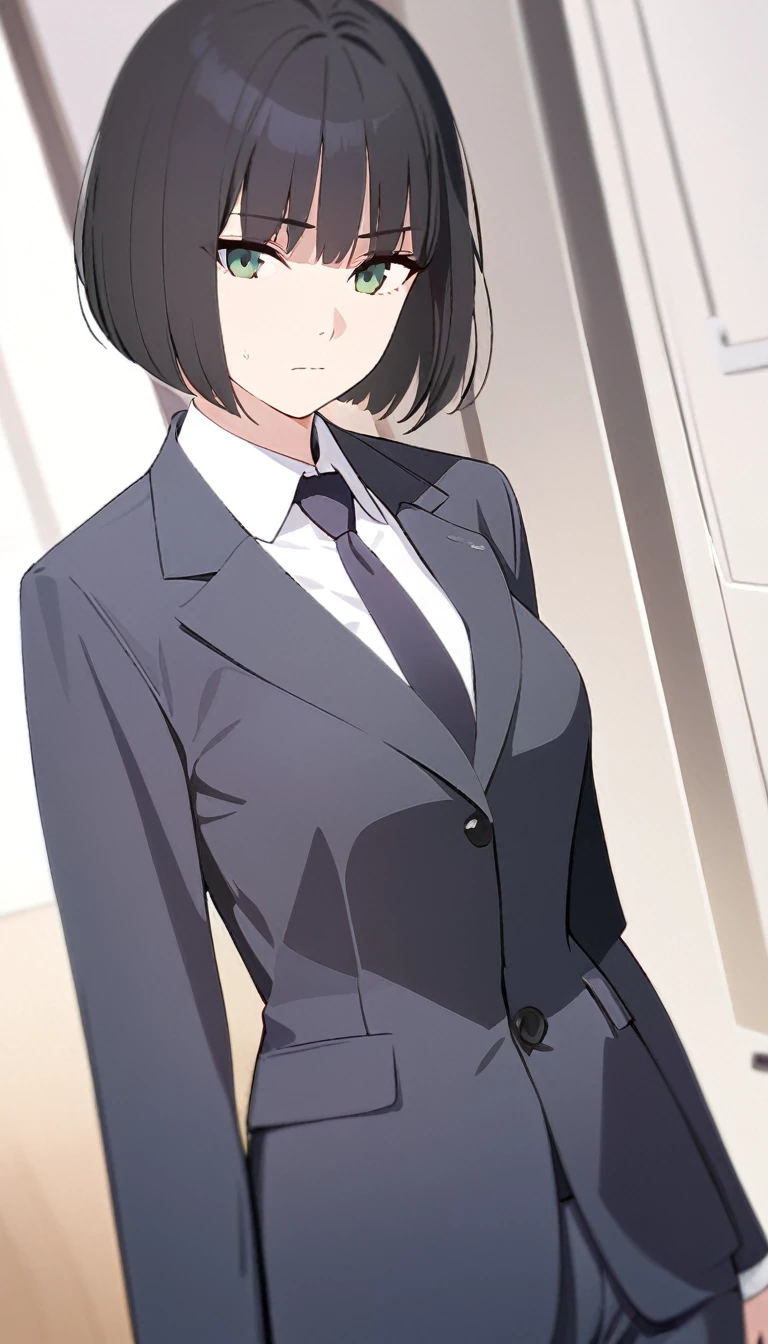 (masterpiece, high quality, best quality, highres,) One Woman, young, black hair, bob cut, Green Eyes, Athletic build, expressionless, closed mouth, office staff suit, Simple white background, standing, cowboy shot, (from the front)