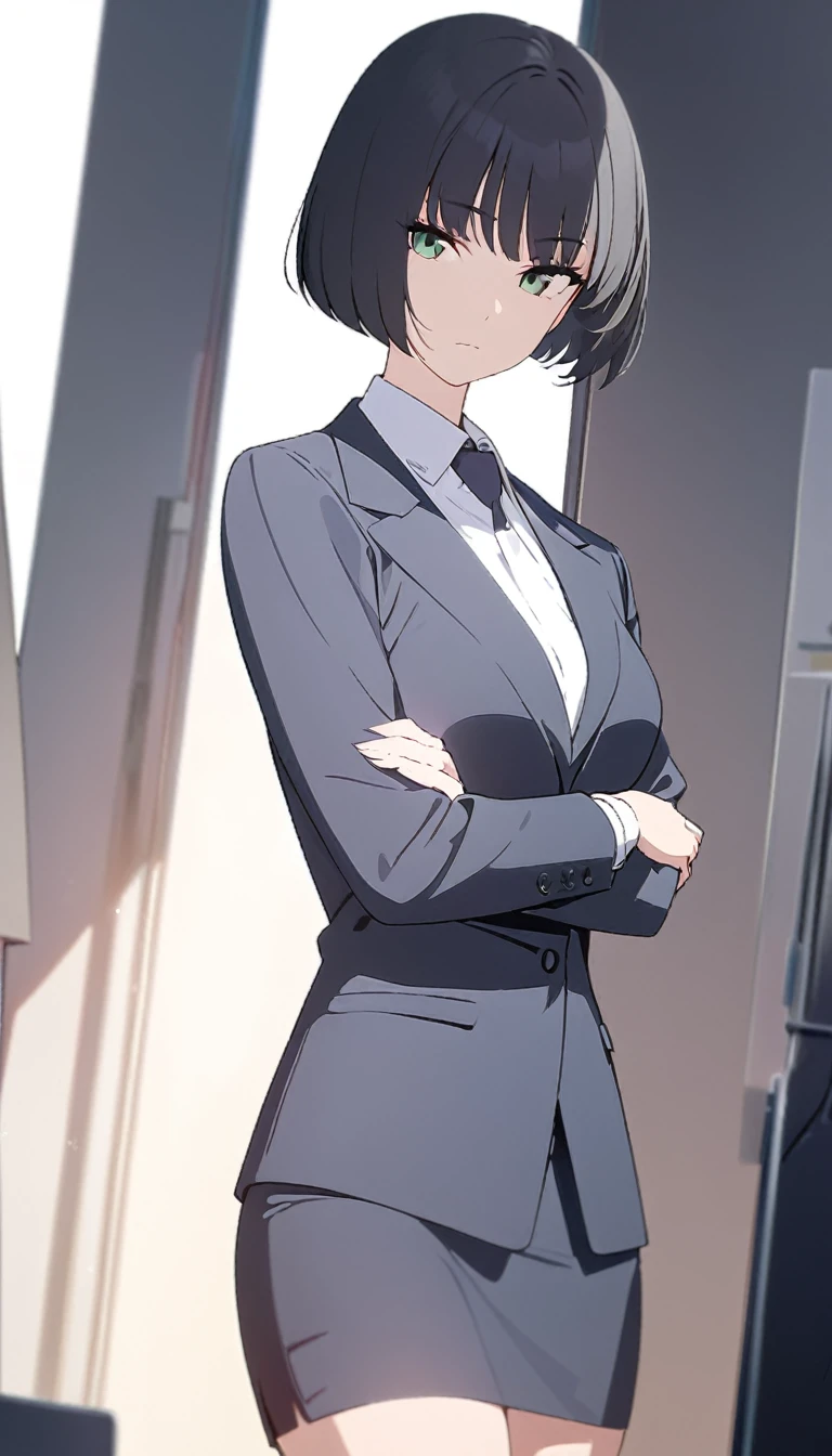 (masterpiece, high quality, best quality, highres,) One Woman, young, black hair, bob cut, Green Eyes, Athletic build, expressionless, closed mouth, office staff suit, Simple white background, standing, cowboy shot, (from the front)