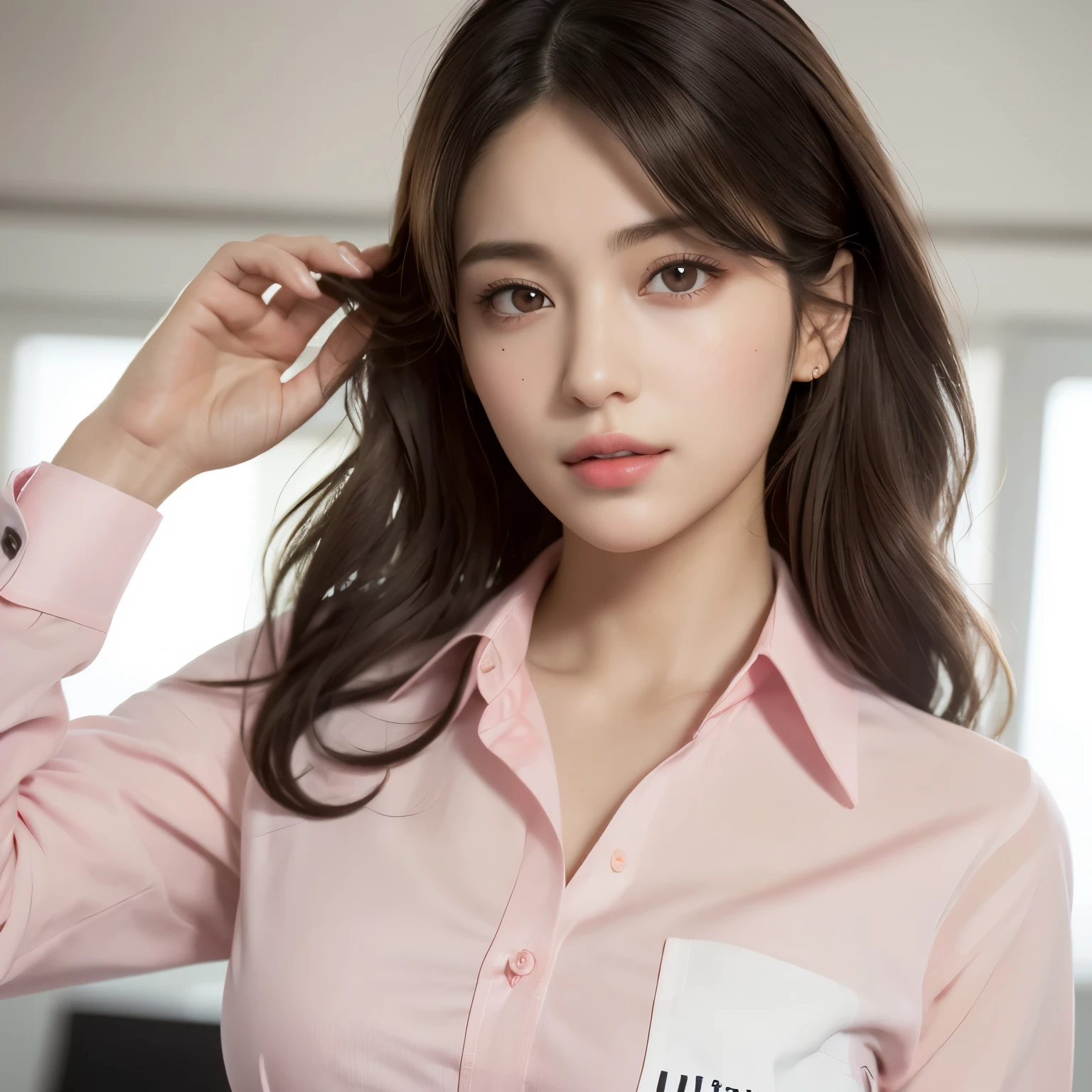 above the knee shot, , (highest quality:1.4), 32k resolution, (Realistic:1.5), (Ultra-realistic:1.5), High resolution UHD, (masterpiece:1.2), (Improvement of quality:1.4), 1 lady, Supermodel, , Face Light, Smooth lighting, Japanese women, 0-year-old, Beful wn, action, gravure, sexy, A light smile, ((Pink business shirt:1.37)), Perfect Anatomy, Very detailed, (Dark eyes), Symmetrical eyes, Thin lashes, Sharpen your eyebrows, Natural Makeup, [Pink color lipstick], ((A great eye for quality:1.2)), (tired, Sleepy and satisfied:0.0), (Beautiful Lips:1.33), (Great nose:1.2), (Flat Chest), (Slim lower body), Shiny brown hair, Let your bangs hang long, (natural wave hair:1.21), ((Photorealistic)), ((Sharp Focus)), (Highest Resolution), ((The most ridiculous quality)), Fine texture of the collarbone, (Ultra-high resolution:1.6), (Realistic:1.6), Movie Lighting
