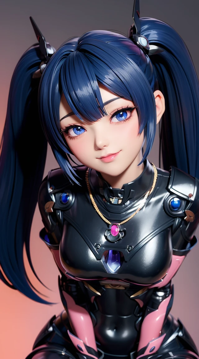 (masterpiece:1.3), (Best Quality:1.3), (Ultra-detailed:1.2), ((kawaii)), Cute, (lovely), ((sexy)), ((Extremely detailed)), 4K, (8K), Best Quality, (Beautiful), Illustration, anime style, (bold line:1.2), Gradation, looking at viewer, //, (bent down:1.1), (arms behind back), //, a cute girl, 1girl, (solo:1.2), gleaming skin, //, (flat chested), (Perfect eyes:1.2), (Perfect iris:1.2), //, darkblue hair color, (beautiful eyes) //, (half closed eyes:1.3), (sexual expression:1.2), Fascinated expression, smile, (blush:1.2), //, modern city background, on rock, twin tails, straight bangs, muscle girl, hard abs, exposed abs, NECKLACE, skirt, heavy armor suit, mecha musume, underboobs