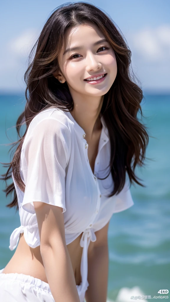 Tabletop、(Highest quality、4K、8K、High resolution、Masterpiece: 1.2)、Super detailed、(Real、Photorealistic、Photorealistic: 1.37)、Full Body Shot、Complex and beautiful eyes、woman、long hair、Natural color lip、whiteＴshirt、Bold and sexy pose、smile、Ocean、20 year old girl、A cute and sexy shot looking straight at the camera。