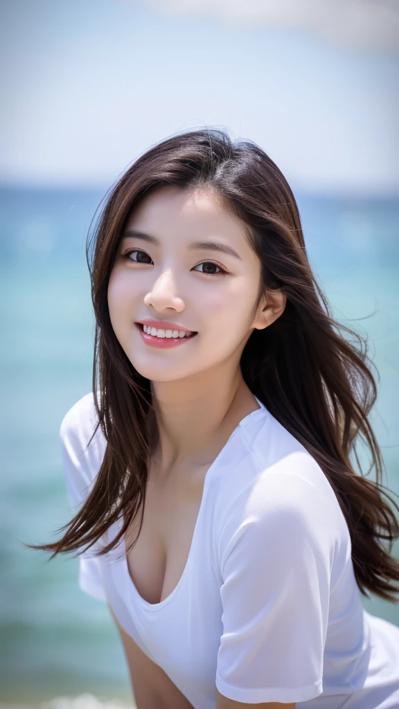 Tabletop、(Highest quality、4K、8K、High resolution、Masterpiece: 1.2)、Super detailed、(Real、Photorealistic、Photorealistic: 1.37)、Full Body Shot、Complex and beautiful eyes、woman、long hair、Natural color lip、whiteＴshirt、Bold and sexy pose、smile、Ocean、20 year old girl、A cute and sexy shot looking straight at the camera。