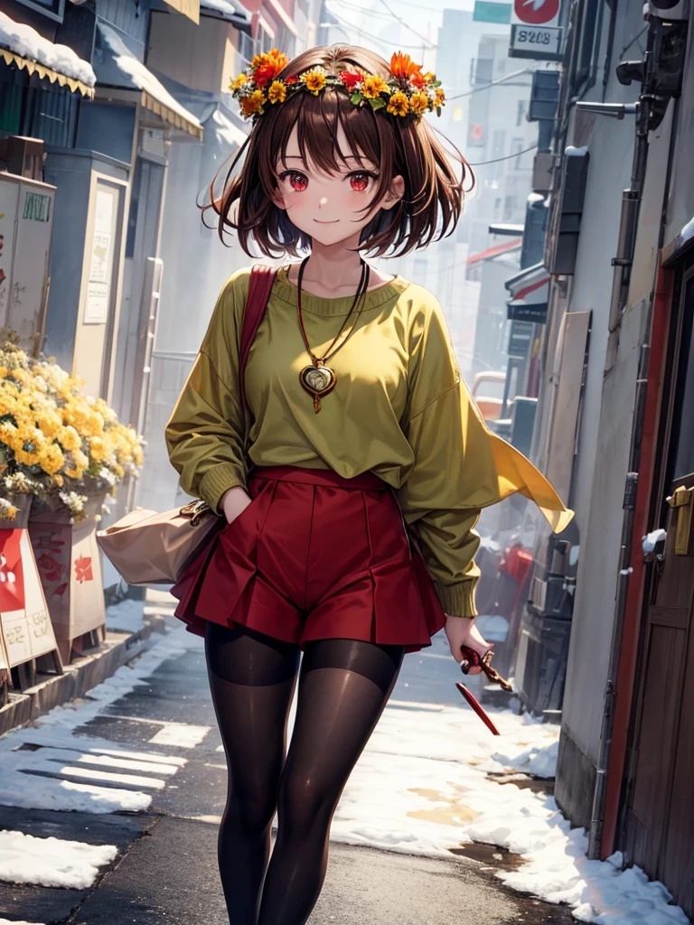 Anime, 1girl, brown hair, short hair, red eyes, green sweater, white shirt, brown shorts, red shoes, black tights, red knife, yellow flower crown, golden heart locket, slight smile, snow, snowflakes, 