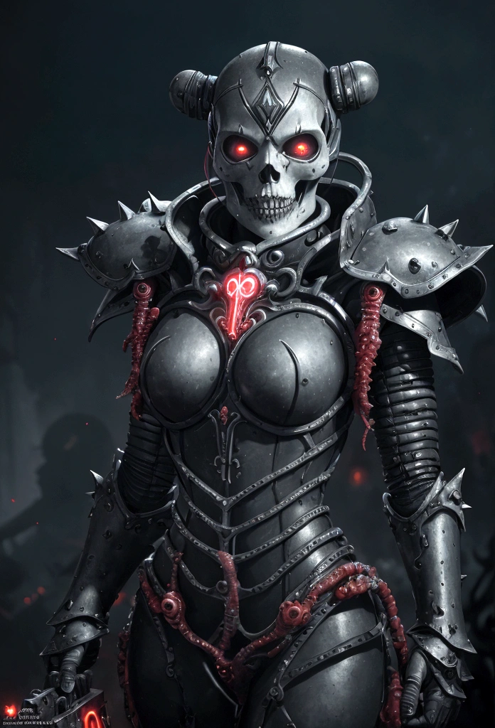 a gorgeous adepta sororitas from the movie tron, glowing skull armor, spikes, teeth, monster, dirty tentacles, pus pimples, cracked truenurgle, detailed face and eyes, beautiful lips, extremely detailed, 1girl, oil painting, concept art, dark fantasy, cinematic lighting, dramatic shadows, vibrant colors, moody atmosphere, hyper detailed, 8k, photorealistic