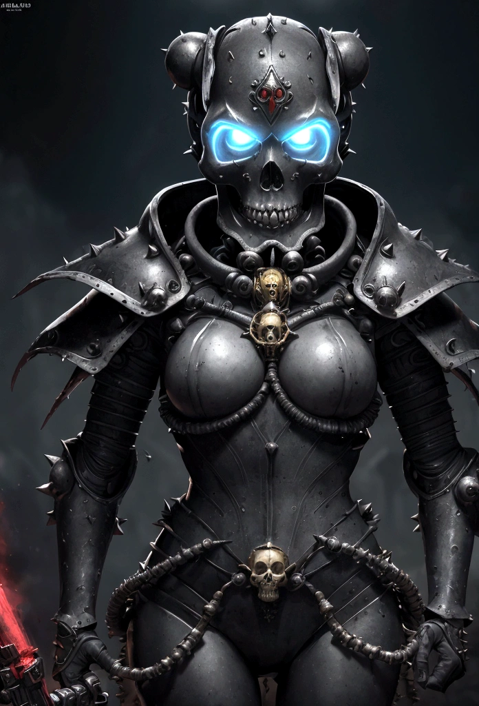 a gorgeous adepta sororitas from the movie tron, glowing skull armor, spikes, teeth, monster, dirty tentacles, pus pimples, cracked truenurgle, detailed face and eyes, beautiful lips, extremely detailed, 1girl, oil painting, concept art, dark fantasy, cinematic lighting, dramatic shadows, vibrant colors, moody atmosphere, hyper detailed, 8k, photorealistic