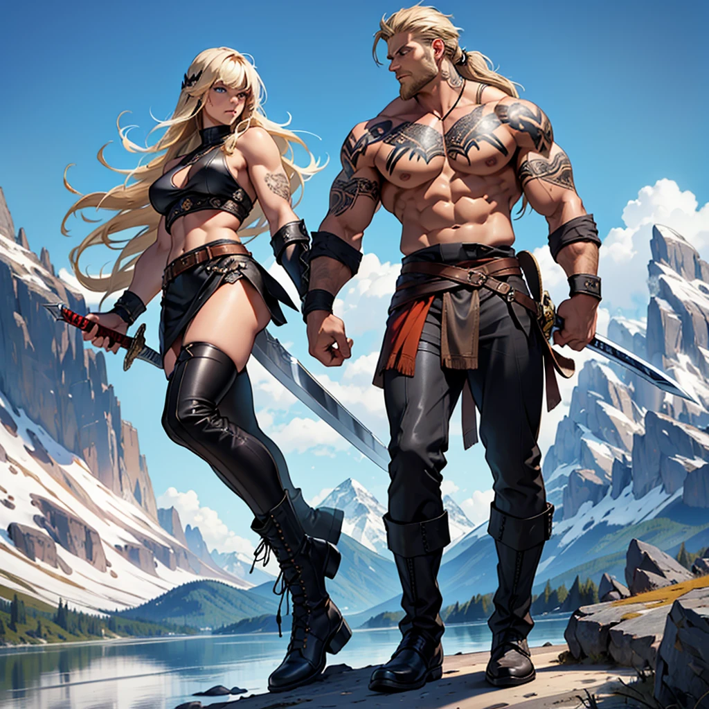 Black Viking left arm tattoo design, a full body muscular viking man and beautiful blond woman showing naked big busty without clouds, muscular legs, holding big sword with right hand, brown hair divided with bangs, perfect realistic blue eyes, wearing warrior leather shoes, wearing warrior boots, lake and mountains in the background.