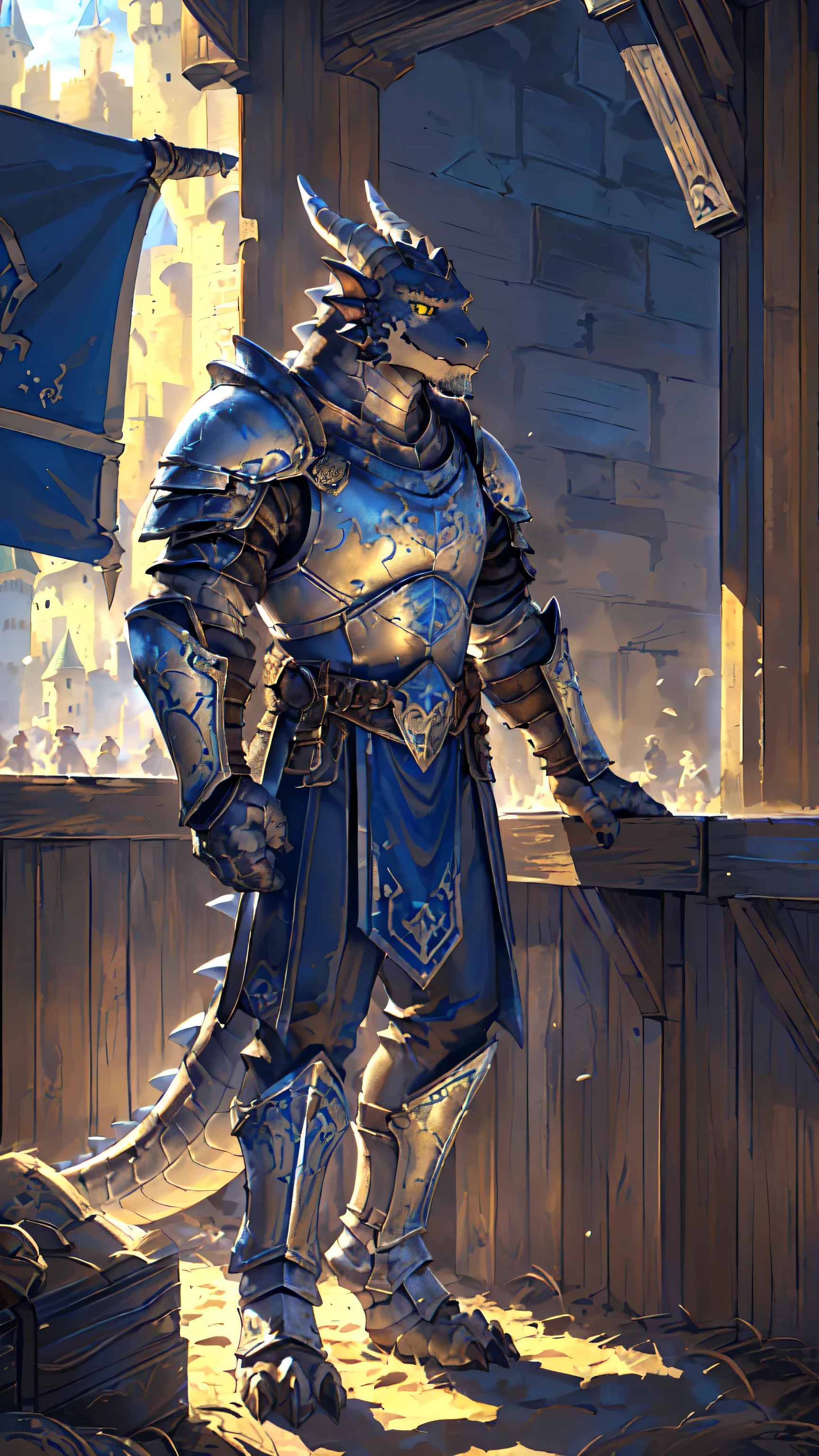 ((middle Ages:1.6,Castle Background:1.5)),((Cruz:1.6)),Sunlight,high resolution,4K,gay,(((whole body:1.1))),((Various postures)),masterpiece,high quality,Calm and composed,((dragon)),male,dragonFurry,(teenager:1.3),hairy,((stable,Handsome face:1.4)),((peaceful)),((Holding a long sword:1.3)),(((Strong:1.4,Long legs:1.3,Thick dragon tail:1.2))),(((Gray heads:1.2,Golden pupils:1.2,White Neck:1.3,Gray back of hands:1.4,White Skin:1.3))),(((White Armor:1.3,There is a blue flag on the armor:1.4))),Mature face,Exquisite eyes,Detailed body,Detailed hands,Detailed feet,Kenket's Art