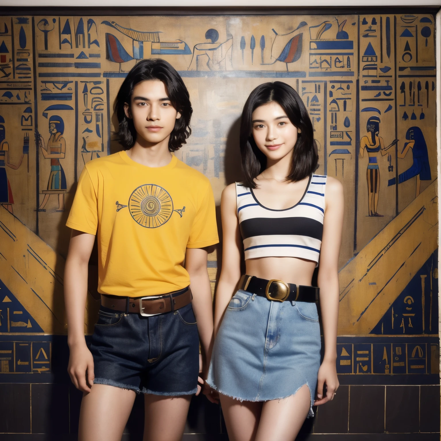 246 (In the mural２people々々々々々々), (An 18-year-old female and an 18-year-old male), short hair,kind, lipstick, Egyptian civilization, Waist belt, Hieroglyphics, smile