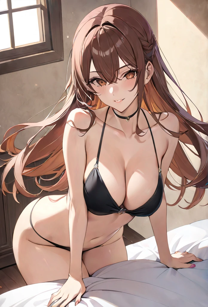 (masterpiece, Highest quality, High resolution, Super detailed, Highest quality), Detailed body, Detailed face, Blake Women, Detailed Eyes, small Smile, Tight waist, Brown ponytail hair, bikini, bedroom, leaning against the wall, from behind, kneel