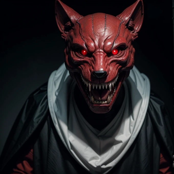 Animatronic, red glowing eyes, sharp teeth, white mask, creepy smile, big claws, wearing a black cape