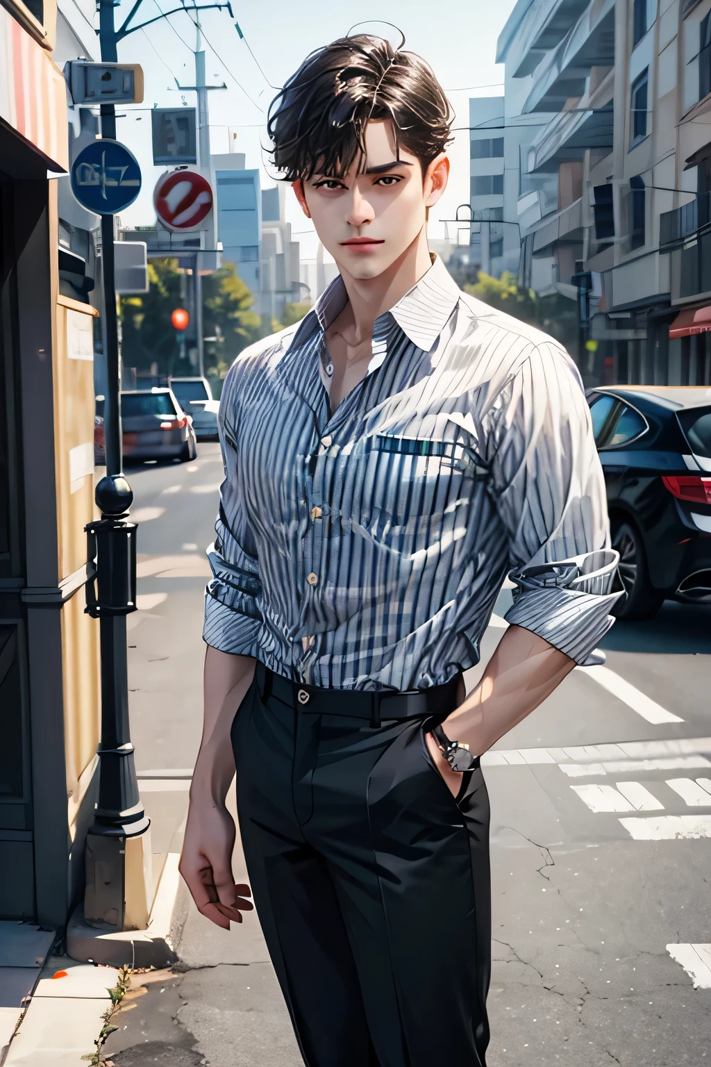 1boy, male_focus, solo, shirt, black_hair, pants, hands_in_pockets, realistic, looking_at_viewer, striped_shirt, collared_shirt, white_shirt, outdoors, standing, black_eyes, striped, pocket, short_sleeves, blue_pants, closed_mouth, cowboy_shot, day, black_pants, vertical-striped_shirt, vertical_stripes