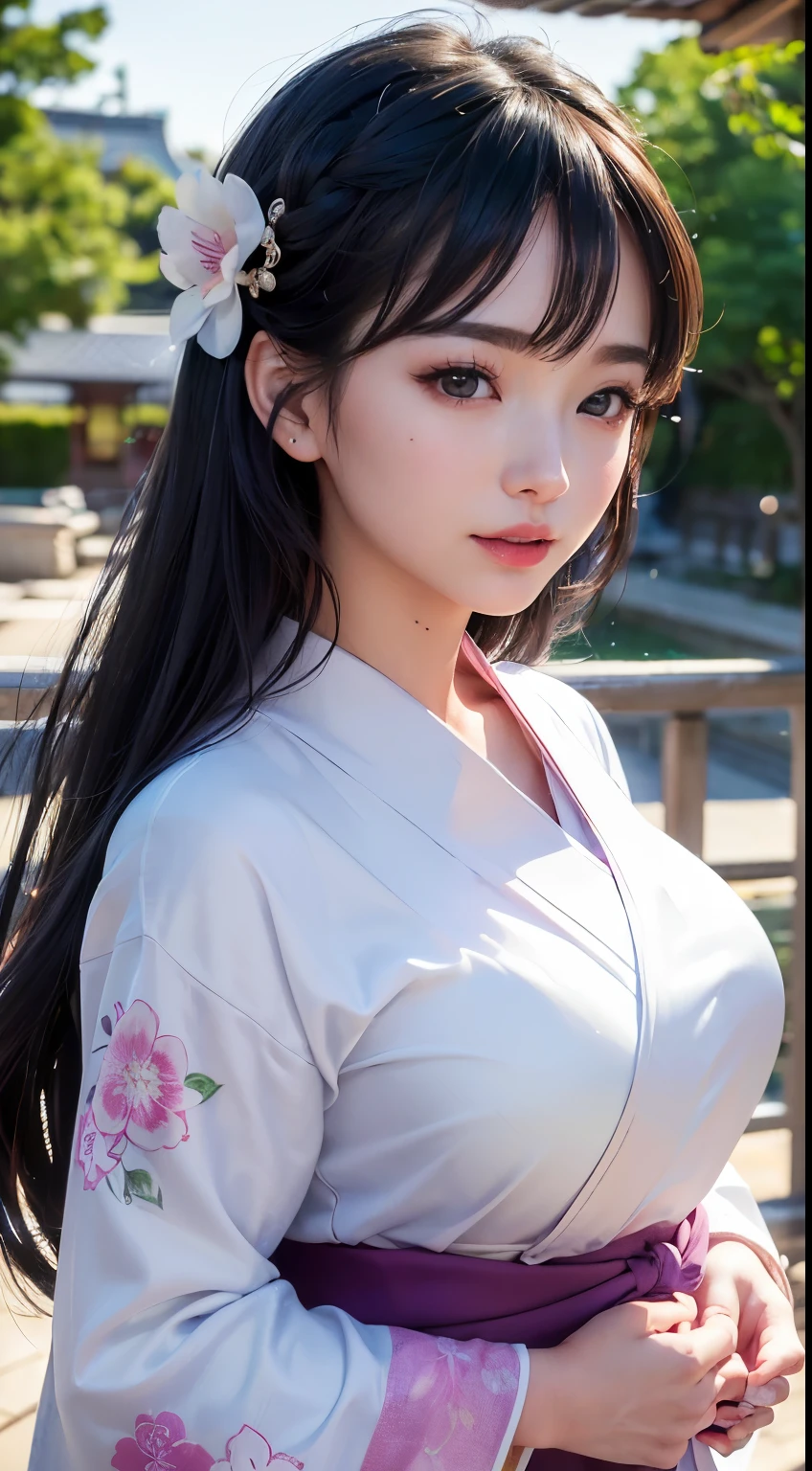 (logo、masterpiece、8K、Tabletop、RAW Photos、wonderful、最high quality、フォトリアリスティックでVery detailedな CG 複合 8K 壁紙、high quality、Very detailed、Narrative poem、Particle Effects、Dynamic Effects、Depth of the Boundary、Cinematic Light、Lens flare、Ray Tracing）、 (One beautiful woman wearing a yukata、White yukata、Light purple pattern)、Black-haired、High definition skin、Very fine、Fine skin texture、Beautiful Face、True Face、Beautiful details in the eyes、Realistic eyes、Beautifully detailed eyes、Realistic Skin、Beautiful Skin、Surreal、Smiling Eyes、Hair and light eyes、vivid、Colorful lights and bokeh、plump lower lip、Pink Lips、Hair flutters in Wind、Hair bounces、wonderful景色、night、evening、Wind、moonlight、moonlight、light