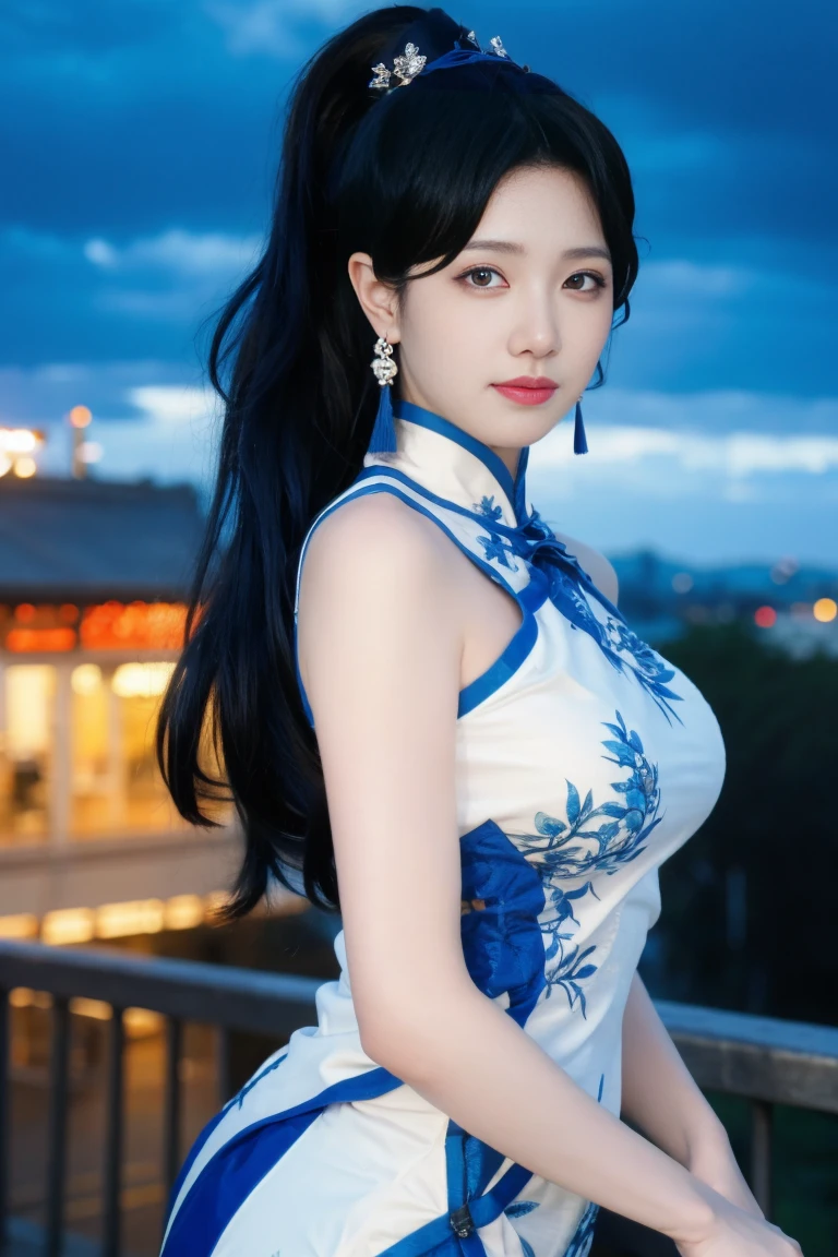 best quality, tmasterpiece,Ultra-high resolution,Clear face,（Reality：1.4），ferpect lighting，(upper body photo:1.3), (photorealistic:1.50), anime wallpaper, Guviz style artwork, cover-up fantasy up to magic , by Yang J, Guviz, beautiful artwork illustration, beautiful digital artwork, beautiful digital illustration, Li Song, beautiful anime portrait, art style in Beauvot,Yaodaoji, qinghuaci, 
1girl, 独奏, 
cheongsam, china dress, chinese clothes, 
ponytail, hair ornament, long hair, 
jewelry, earrings, 
looking at viewer, looking at viwer,
outdoors, nature, photo background, night,From at,