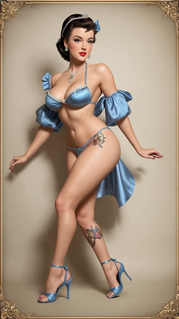 Detailed and realistic representations of Cinderella, radiating a distinctive pin-up style. Very sexy. Sparkling blue bow bikini, stiletto heel sandals, their looks reflect a traditional style, ensuring they are instantly recognizable as their respective characters. Although the classic features are present, the pin-up talent is undeniable. Artistic tattoos add a contemporary touch. Her posture and expressions, combined with her pin-up attire, create a fusion of classic Disney and vintage allure. Photo studio background with white walls, hot session. Extremely sexy.