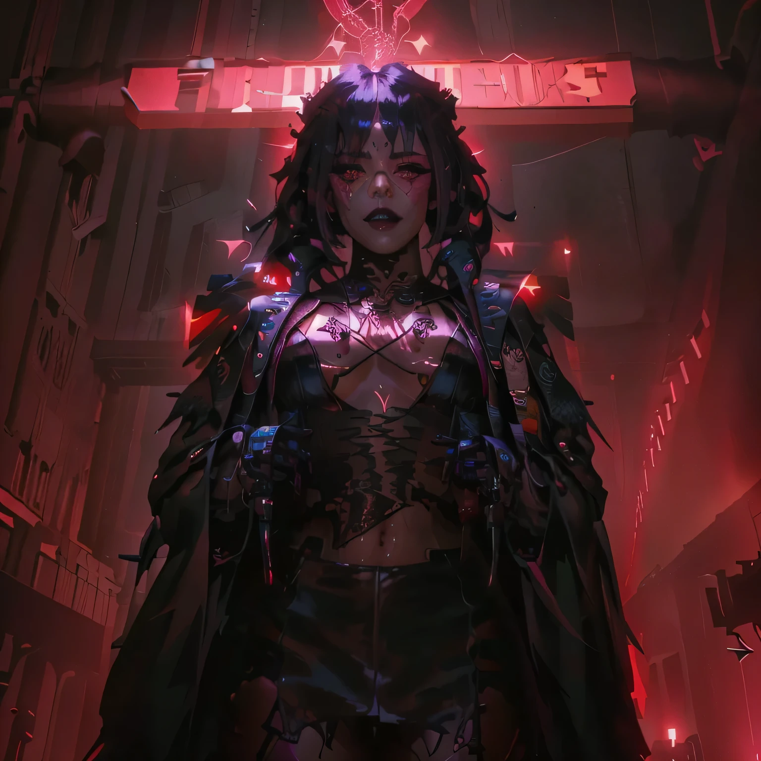 a close-up of a woman in a leather outfit in front of a cross, gothic horror vibes, artwork in the style of guweiz, cyberpunk horror style, goth girl aesthetic, dark and horror style, Gothic aesthetic, ominous Gothic aesthetic, Guweiz, cruel korean goth girl, Gothic aesthetic, gothic - cyberpunk, dark cyberpunk illustration, by Yang J